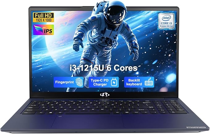 NIMO 15.6" FHD IPS Laptop, Core i3-1215U 6-Core Up to 4.4GHz (Beats R5 7520U), 8GB RAM 256GB SSD, Wi-Fi 6, Backlit Keyboard, Fingerprint Reader, 65W Type-C Charging, Student & Business Notebook