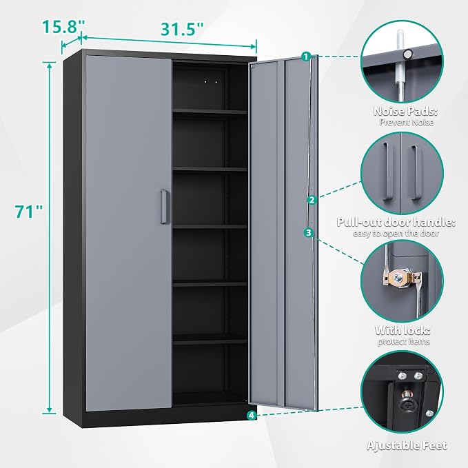 Metal Storage Cabinet with 5 Adjustable Shelves,Garage Storage Cabinet with Lock,Metal Cabinets with Locking Doors,71" Lockable Tool Cabinets for Home,Office,Shop,Garage