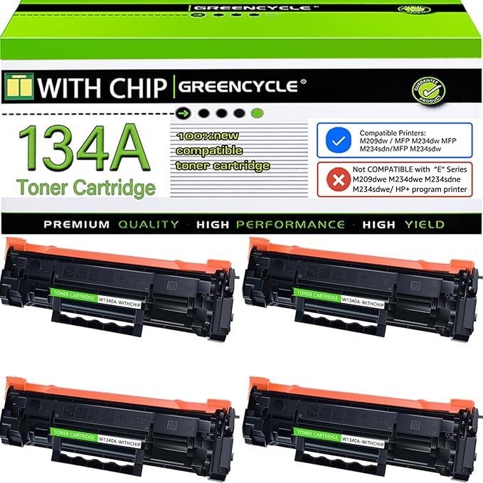 greencycle Compatible for HP 134A Black Toner Cartridge Work with Laser Jet M209dw M209d M234dw M234sdn M234sdw Cannot be Used for Laser 209dw𝐞 234dw𝐞 234sdn𝐞 234sdw𝐞(4PCS,with Chip)