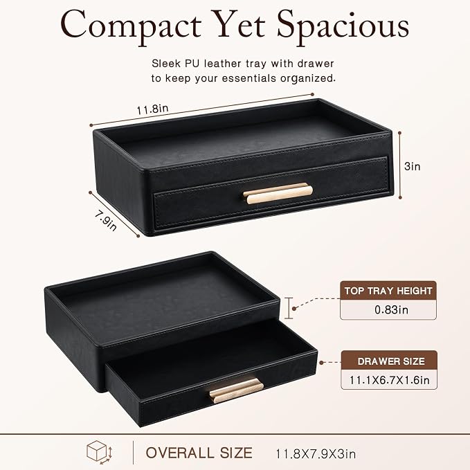 GORESE Leather Valet Tray for Men, Nightstand Organizer with Drawer, Black | Vegan Leather, EDC Desk Organizer Tray for Jewelry Cologne Watch Wallet Key, Catchall Tray for Dresser Entryway Table Bedside