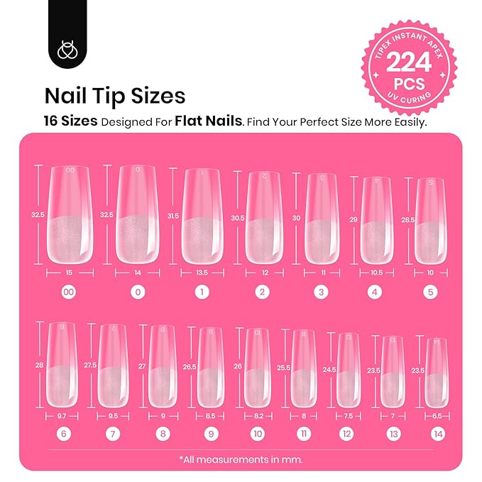Beetles Tipex Instant Apex Nail Tips, Long Square, 16 Sizes (00-14), 224PCS with 20g Tipex Solid Nail Glue, Thick Strong Tips with Built-In Apex for DIY Extensions