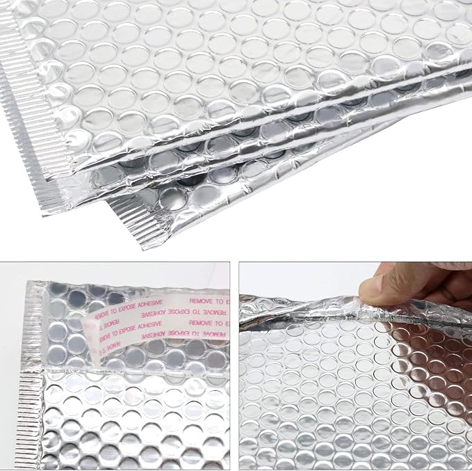60 Pack 7.8 x 6.2 Inch Metallic Bubble Mailers, Silver Padded Mailing Envelopes, Foil Self Seal Padded Envelopes for mailing, packing