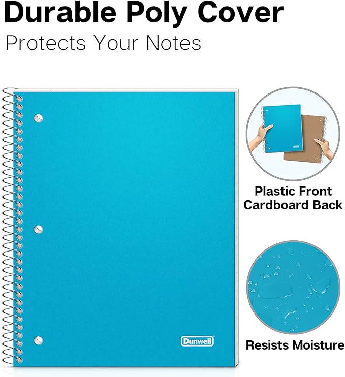 Dunwell 3-Pack Spiral Notebooks 8x10.5, Wide Ruled, Red/Blue/Black | 100 Sheets (200 Pages) Each, Wide Ruled Paper, Divider with Pockets, 3-Hole Punched & Perforated Pages, 3-Pack