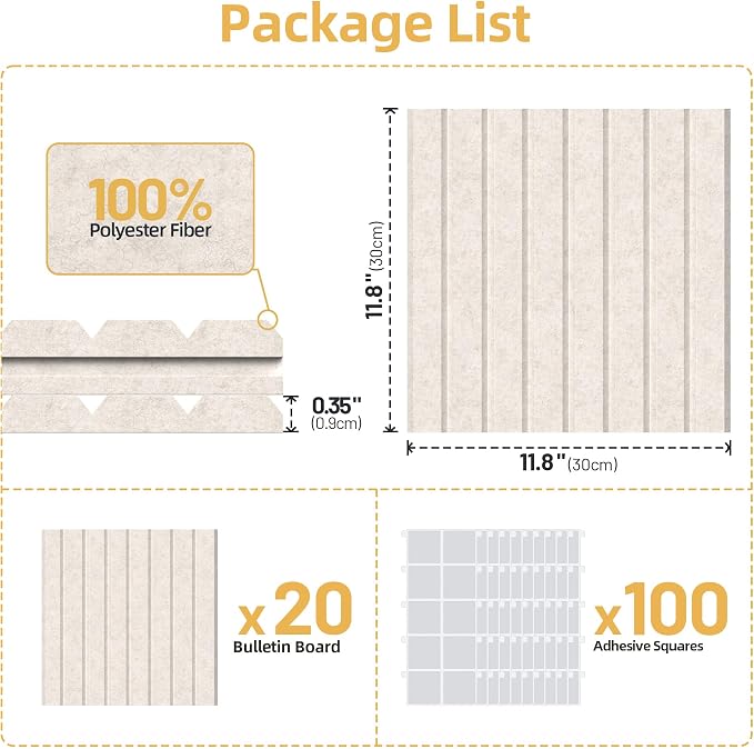 Large Cork Board for Walls 20 Pack Bulletin Board with 100 Adhesive Tabs | 48" x 60" Alternative CorkBoard for Pictures Photos, Felt Push Pin Boards Tiles for Office Classroom Wall Decor - Ivory