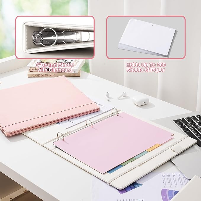 Hardcover 3 Ring 1 inch PU Leather Professional Binder Organizer with Dividers Suitable for 8.5 x 11 Letter Size Paper Cute Loose Leaf Binder with Pocket for School Work