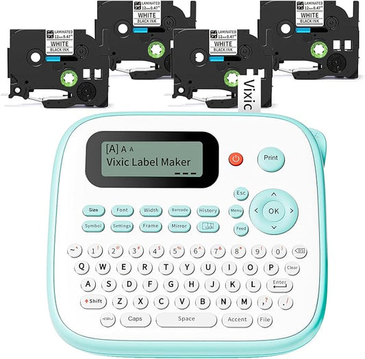 Vixic Label Maker, D210S Label Maker Machine with 4 Tapes, Keyboard Labeler | Laminated Label Machine Waterproof-Labels, 12mm Label Printer with Different Fonts Frames for Home Office Kids School Items