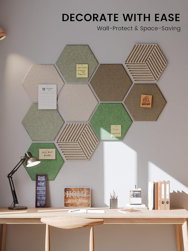 Fluxynara 10-Pack Hexagon Felt Bulletin Board Tiles, Moss Haven | Cork Board Alternative for Wall Decor and Vision Boards, with 50 Adhesive Tabs for Home, Office, Classroom or Dorm.