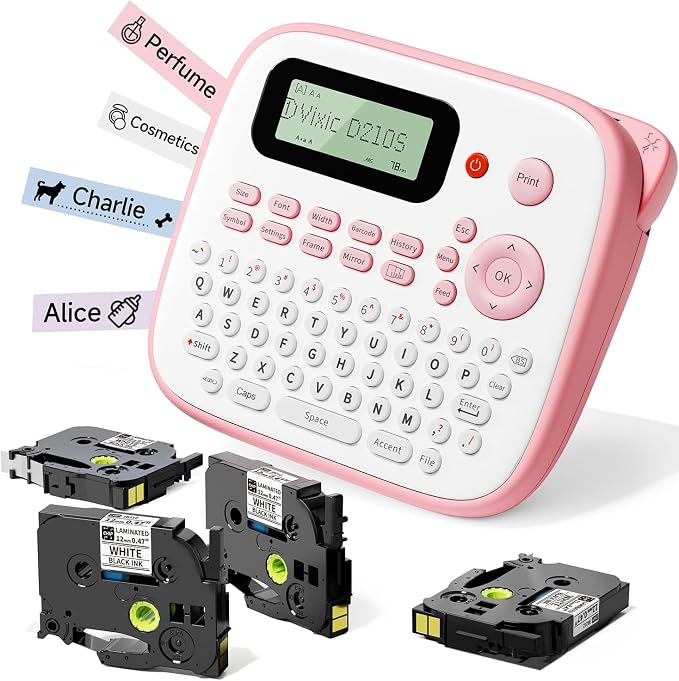 Vixic Pink Label Maker, D210S Label Maker Machine with Tapes Waterproof | Handheld Labeler Machine with Keyboard, Multiple Fonts Icons Frames for Home Kids School Items Classroom Office Organization