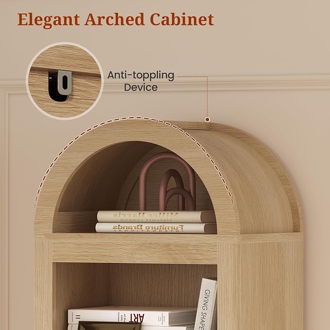 76" Tall Narrow Arched Bookcase,7-Teir Mid-Century Modern Bookshelf,Adjustable Shelves offering More Storage Space for Living Room,Kitchen,Home Office,Oak