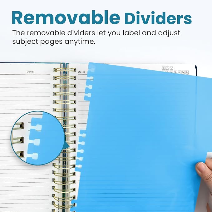 Large Spiral Notebooks for Work 5 Subject with Removable Dividers | 8.5" x 11" Pretty Hardcover Notebook Journal for Women, College Ruled, Perfect for Study & Office , 280 Pages, Wave Garden