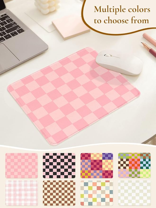 Cute Pink Mouse Pad,Retro Checkered Pattern Mousepad,Square Aesthetic Plaid Waterproof Grid Mouse Mat Design, Non-Slip Rubber Base Computer Funny Boho Small Mouse Pads, Desk Accessories