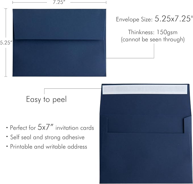 PONATIA 50 Pieces Navy Blue A7 Envelopes Self Seals, 5x7 Envelopes for Weddings, Invitation Cards, Photos, Postcards, Greeting Cards Mailing, Baby Shower, Graduation, Christmas Gift Cards