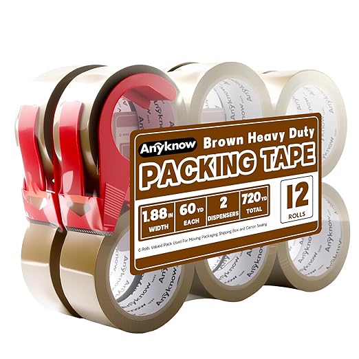 Brown Packing Tape 12 Rolls Heavy Duty Packing Tape with 2 Dispenser - 2.5mil x 1.88" x 60Y Strong Adhesive Packaging Tape for Carton Sealing, Shipping, Mailing & Storage