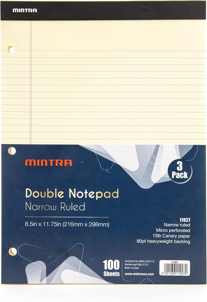Mintra Office Canary Legal Pads - With Micro-perforated sheets, Smooth-lined paper, Ideal for Office Tasks, Assignments or Notes, Meetings, and Journaling, 3 pack Narrow Ruled, Double Pad, 8.5"x11"