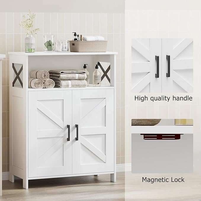 Homhedy Farmhouse Bathroom Storage Cabinet with 2 Doors, Toilet Paper Cabinet with Adjustable Shelves, Small Bathroom Cabinet for Kitchen/Laundry/Living Room, 11.8 x 23.6 x 31.5 Inches, White