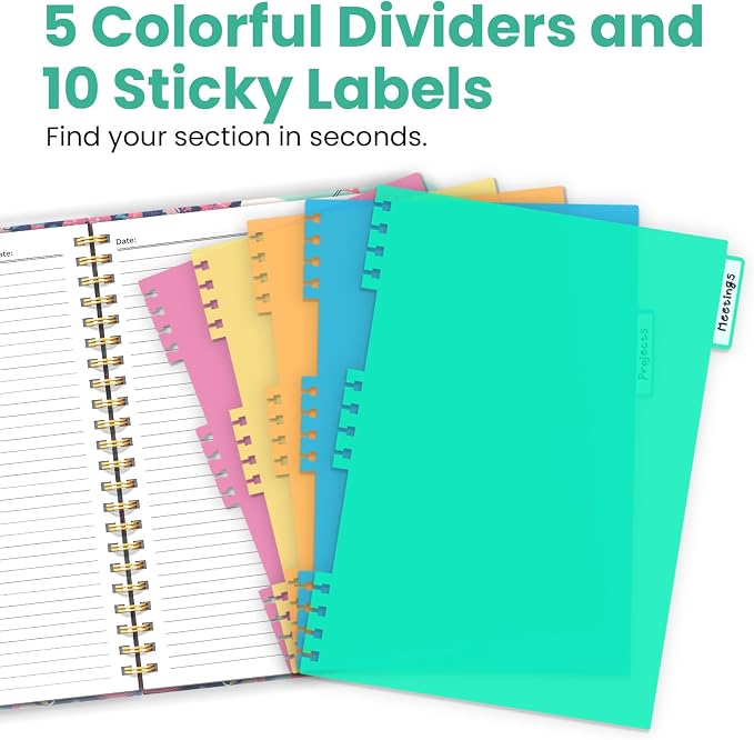ZOTIA Large Spiral Notebook for Work, 8.5" x 11" Journal for Women, Cute 5 Subject Notebook with Removable Dividers & Tabs, College Ruled Lined Journal for Office and School, 280 Pages, Garden Picnic