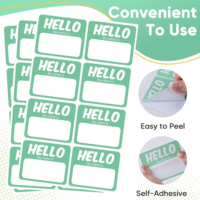 256 Pcs Name Tags Sticker 3"x2.5" Hello My Name is Stickers, Light Green Name Labels Adhesive Identification Name Badges for School, Office, Meeting, Family Parties, Mailing