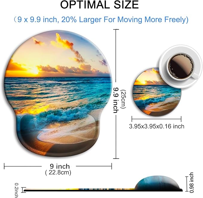 Ergonomic Mouse Pad with Wrist Support Rest,Large Mousepad Gel Wrist Rest, with Coaster Non-Slip & Pain Relief for Computer, Desk, Home&Office-Ocean Sea