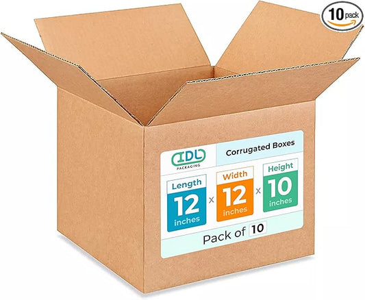 Medium Moving & Shipping Boxes 12x12x10 inches (10-Pack) - Extra Strength 200 lb vs Regular - USA-Made Corrugated Boxes for Packaging - Corrugated Packaging Box - Medium Cardboard Box by IDL Packaging