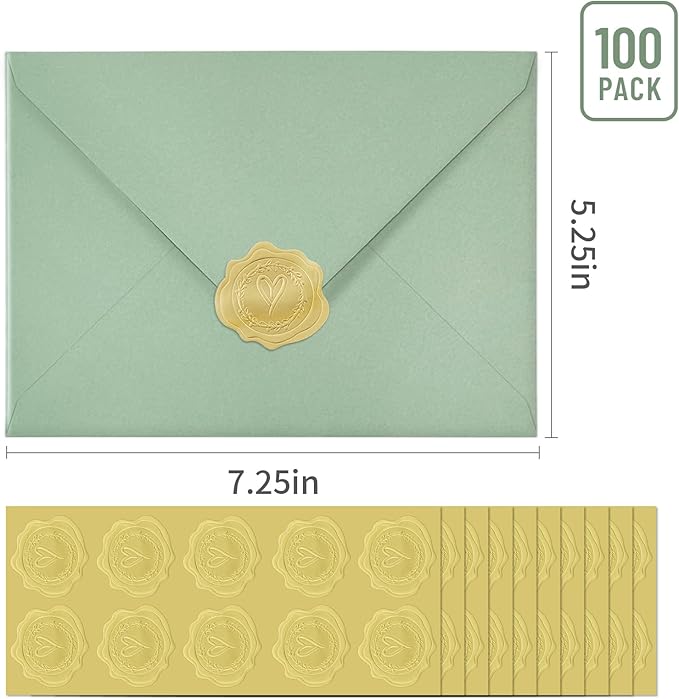 100 PCS Sage Green Colorful A7 Envelopes with Stickers, 5x7 Envelopes for Greeting Cards, Great for Invitations, Wedding Invitation, Birthday, Baby Shower, Graduation