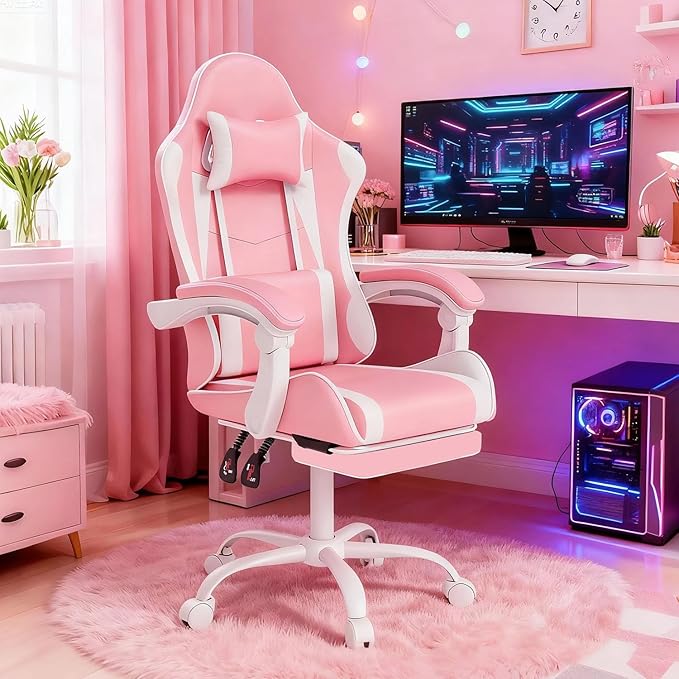 Gaming Chair with Headrest and Lumbar Support, Ergonomic High Back Office Chair, Racing Style Executive Computer Desk Chair, Leather Adjustable Swivel Task Chair for Home Office (Pink White)