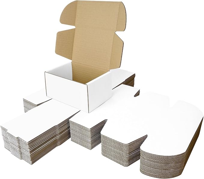 Corrugated Shipping Box Mailers, Kraft Brown, Triple-Layer Board Secure Slot Closure (White, 6"x4"x3" / Set of 20)