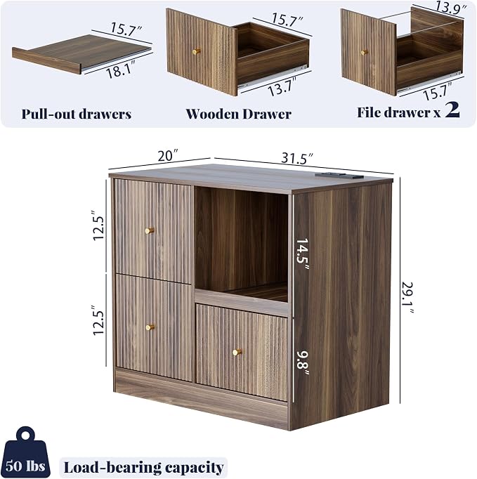 DNYN 3 Drawers Wood File Cabinet with Charging Station and Printer Stand | Vintage Fluted Lateral Filing Cabinet| For Home Office| Anti-Tipping| Fits for A4/Letter-Size Files| Pull-out Shelf