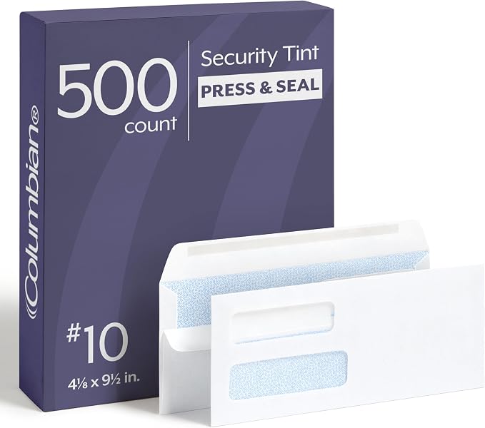 Columbian #10 Security Envelopes, 500 Pack, Double Window Self Seal Envelopes for Invoices, QuickBooks Checks and Business Mailings, 4-1/8 x 9-1/2 Inches, Durable 24 lb White Paper