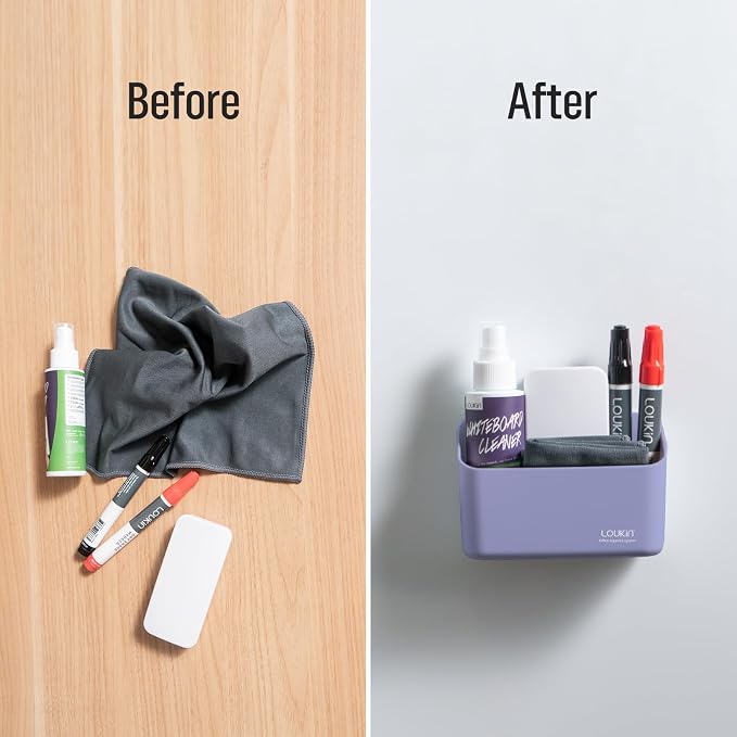 loukin Magnetic & Adhesive Marker Holder, Whiteboard Accessory Tray, Purple | 5.3" × 2.2", Holds 1 Eraser and 8 Markers, Supports up to 3.3 lb, 2 Mounting Options, Fits Glass and Refrigerators