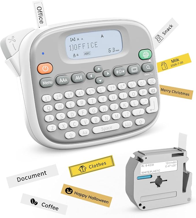 Rongta Label Maker Machine with Tape, Label Maker Waterproof with QWERTY Keyboard, TM95 12mm Portable Labeler for Home Organization, Office or School Supplier (Label Maker with 1 Tape, White)