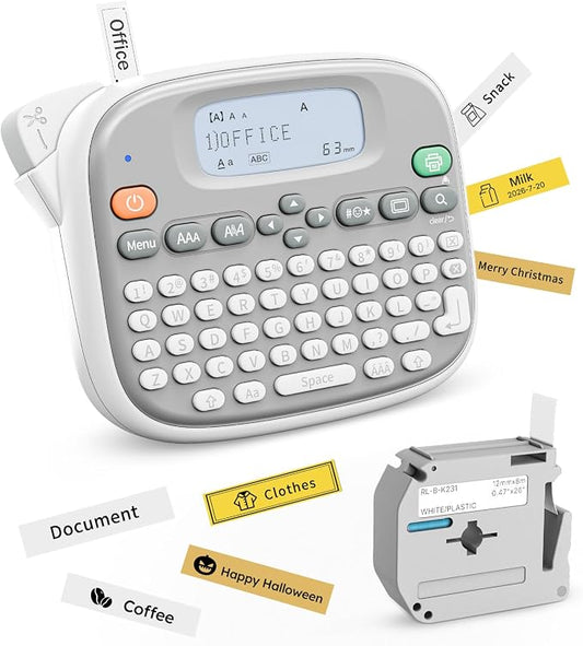 Rongta Label Maker Machine with Tape, Label Maker Waterproof with QWERTY Keyboard, TM95 12mm Portable Labeler for Home Organization, Office or School Supplier (Label Maker with 1 Tape, White)