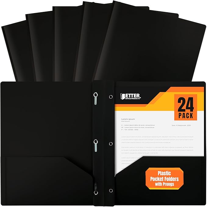 Better Office Products Black Plastic 2 Pocket Folders with Prongs, Heavyweight, Letter Size Poly Folders, 24 Pack, with 3 Metal Prongs Fastener Clips, Black