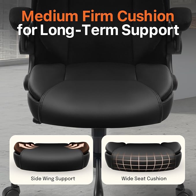 NEO CHAIR Office Desk Chair, High Back PU Leather with Flip-up Arms, Black | Ergonomic Tall Computer Desk Chair Comfy, Height Adjustable, Swivel Rolling Wheels for Office Home Gaming Study