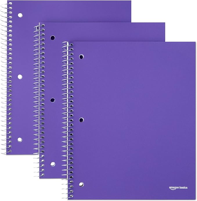 Amazon Basics Wide-Ruled Spiral Notebooks with Poly Cover, 8" x 10.5", 100 Sheets, Radiant Orchid, 3-Pack