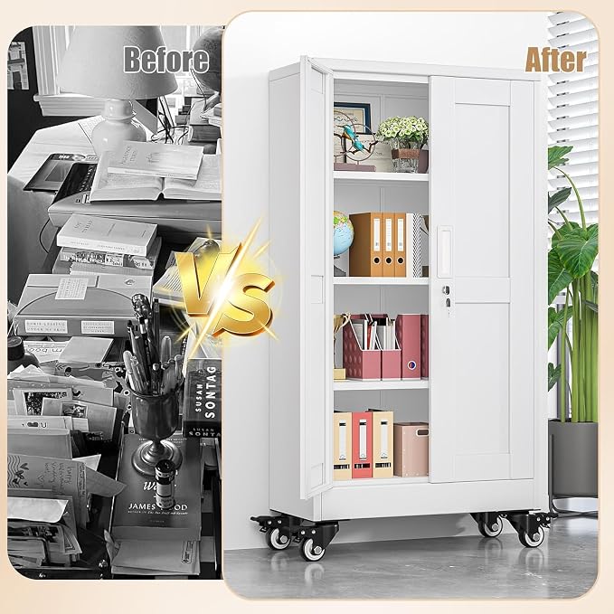 47" Metal Garage Storage Locker Cabinet with Wheels,Rolling White Kitchen Pantry Cabinet with 2 Doors and 3 Adjustable Shelves, Steel File Tool Cabinet for Home Office Living Dinning Room Warehouse