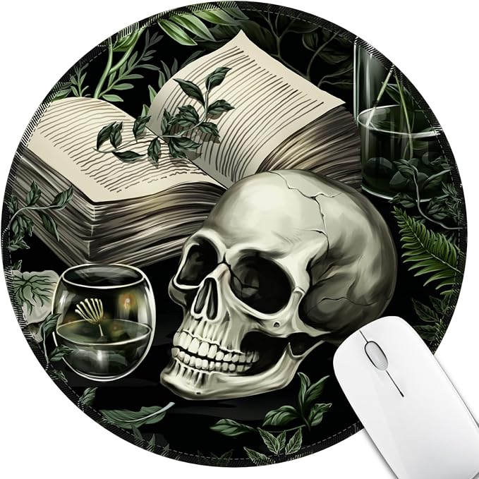 Hancynir Funny Skull Round Mouse Pad, Small Mousepad for Office Desk Decor | Mouse Mat for Computer, Non-Slip Rubber Base, Office Desk Decor, Gifts for Work Coworker Teacher, 8.6 Inch, Stitched Edges