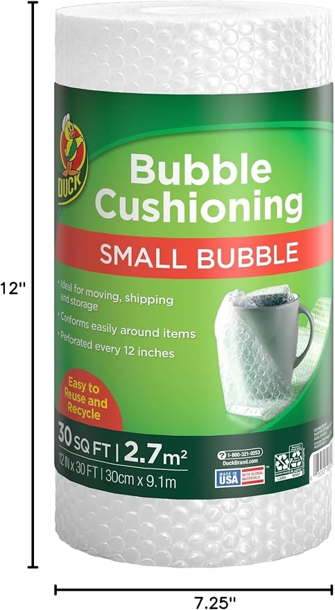 Duck Brand Small Bubble Cushioning Wrap for Moving&Shipping-30 FT Bubble Packing Wrap for Extra Protection Packaging Boxes&Mailers-Clear-Bubble Roll Moving Supplies,Perforated Every 12 IN,(Pack of 12)