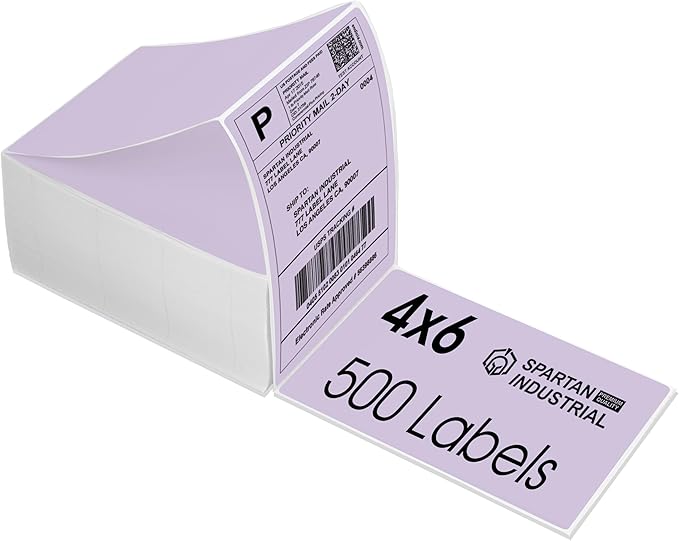 Spartan Industrial - 4" X 6" Purple Direct Thermal Fanfold Labels (500 Count, 1 Stack) - Printable Postage Shipping Labels, Package Identification - Compatible with Zebra and Rollo Printers