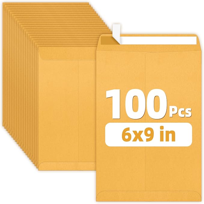 SUNEE 6x9 Manilla Envelopes, 28lb Brown Kraft, Ultra Strong Quick-Seal Security Catalog Mailing Envelopes for Flat Letter Size Documents or Photos, 100 Count