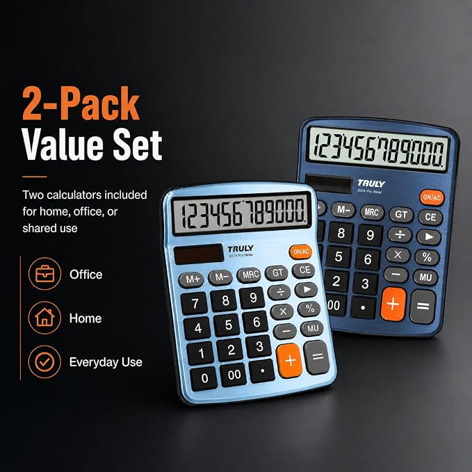 TRULY 12-Digit Desktop Calculator with Large Display, Big Buttons, Dual Power (Solar + Battery), Metal Finish, Ideal for Office, Home, School – 837A Pro Metal 2 Pack Blue/Light Blue