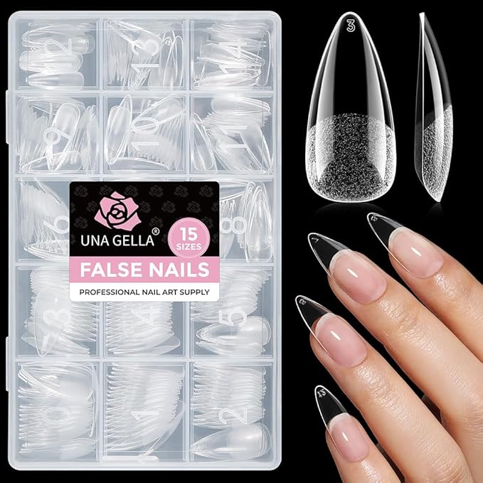 UNA GELLA Stiletto Gel Nail Tips Medium 15 Sizes Pre-Etched Clear Tips | 300PCS Easy DIY Salon Stiletto Almond Press On Nails Snug Fit Full False Fake Nail Extensions Long-Lasting Hold