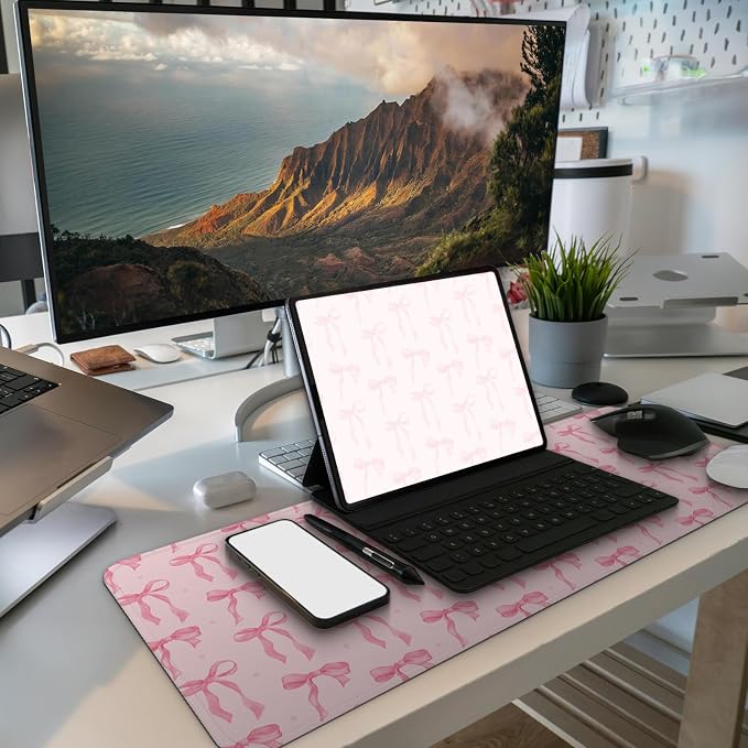 MAY FLOWER Gaming Mouse pad, Large Laptop Mousepad, Full Keyboard Mat, Long Computer Mouse Mat for Home and Office, Anti-Slip Rubber Base, 31.5 x 11.8 Inches (Pink Bow)