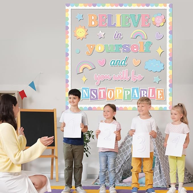 Believe in Yourself Bulletin Board Set Pastel Positive Saying Classroom Bulletin Board Decorations Motivational Cutouts for Back to School Classroom Kindergarten Elementary Middle School Wall Decor