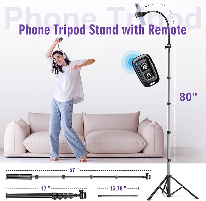 80" Phone Tripod, Selfie Stick, Aluminum Cellphone Tripod Stand | for Video Photo Vlog, Travel Tripods with Gooseneck Remote Phone Holder, Compatible with iPhone Android Smartphone