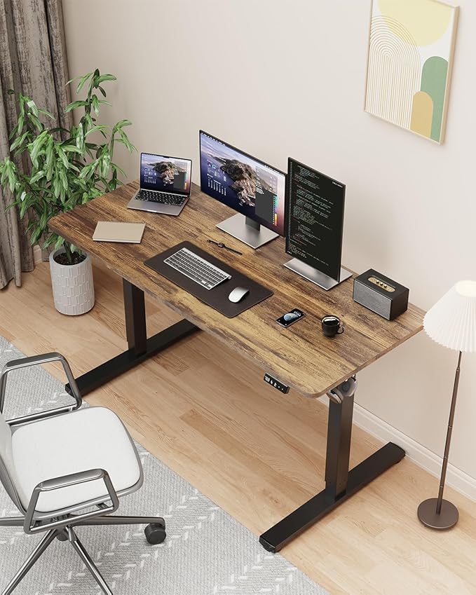 Standing Desk, Small Height Adjustable Electric Stand up Desk, 40" x 24" Sit Stand Computer Home Office Desk with Splice Board, Black Frame/Rustic Brown Top