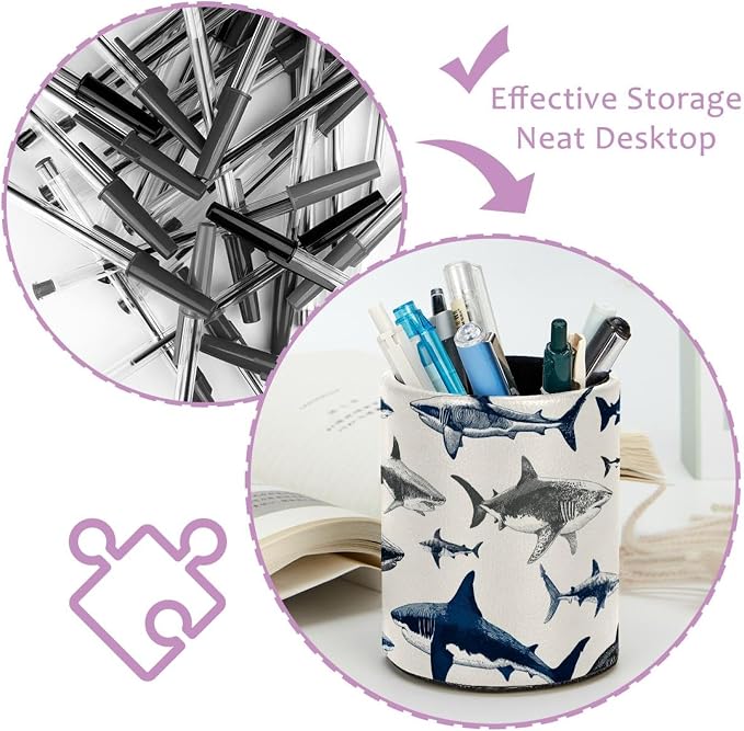 Leather Pen Holder for Desk, Sharks Pencil Cup Pen Organizer Makeup Brush Holder for Office Home Kids Countertop Desk Accessory Storage