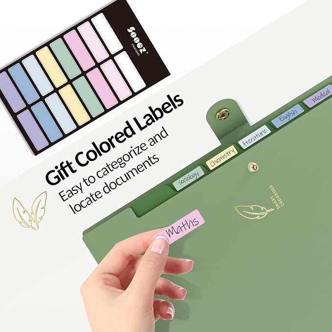 Sooez 8 Pocket Accordion File Organizer, Pastels Expanding File Folder | Aesthetic Folder for Document with Label, Portable Receipt Bill Organizer for Office School Supplies, Letter Size Light Green