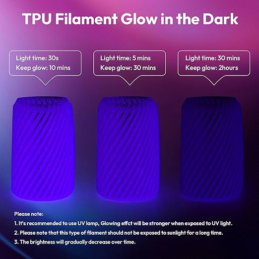 AMOLEN 95A TPU Glow in The Dark Filament Bundle, Red, Orange, Blue Purple, Green 1.75mm Soft Flexible TPU 3D Printer Filament, Best with UV Lamp, 200g x 4 Pack, Luminous Filament for Halloween