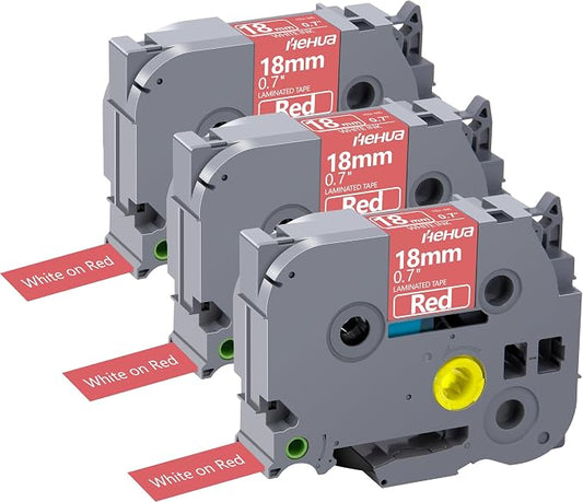 Hehua TZ445 3PK Compatible for Brother 12mm Label Maker Tape White on Red | 3/4 inch;3/4';0.7';0.7 inch;TZe 441;White on Red；18mm Label