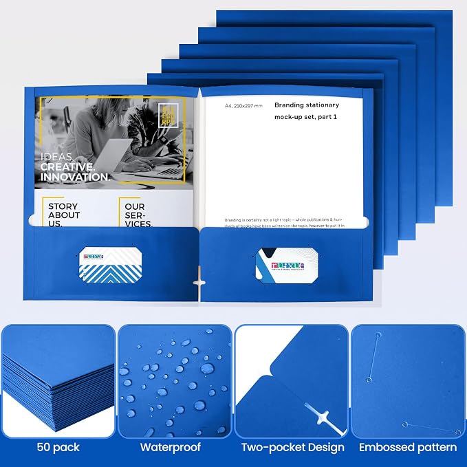 BIBRADAA® 100 Packs Blue Paper Folders with Pockets,2 Pocket Folders Bulk Surface Waterproofing,Letter Size,Holds 100 Plus Sheets,for School,Office,Business. (100, Dark Blue)